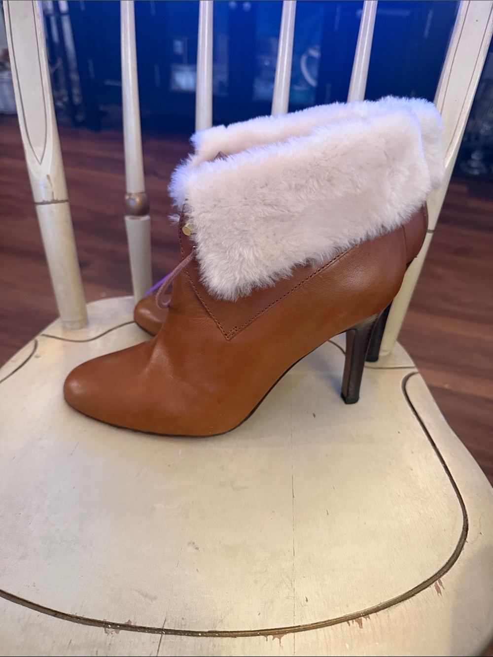 Coach Tan Leather Heeled Ankle Boots with Cream Fur Cuff